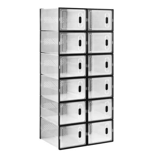 Organizador de sapatos dobrável transparente preto 12 caixas 35x25x19 cm Caixas de armazenamento de plástico PP resistentes para arrumação de calçado