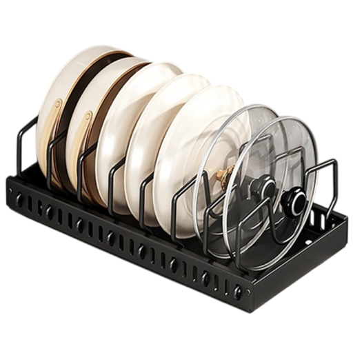 Organizador deslizante para panelas e frigideiras com trilhos deslizantes 42 × 21 × 3,5 cm em aço carbono preto para armário de cozinha
