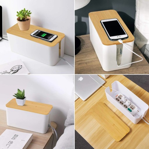 Organizér na kabely s bambusovým víkem, rozměr 23,5 x 11,5 cm, bílý nebo černý plast