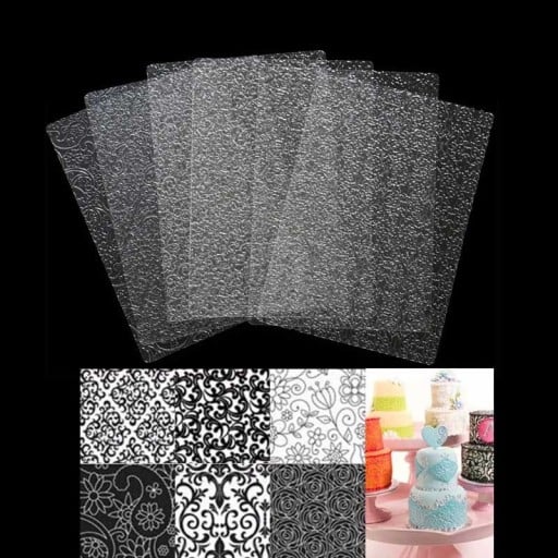 Ornamentális sablonok csokoládé és marcipán díszítéshez 6 db Átlátszó műanyag lemezek dombornyomott mintával 25,2 x 17,6 cm Tortákhoz