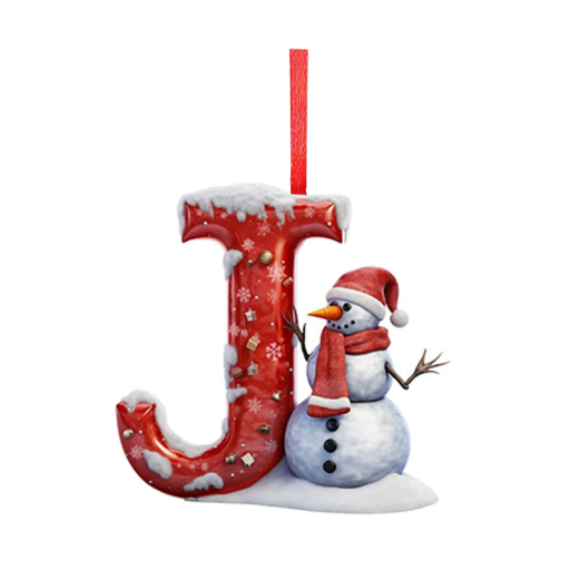 Ornement de Noël 2D pour arbre 8 x 7 cm Lettre J en acrylique avec bonhomme de neige Décoration rouge avec ruban Décoration de Noël pour la maison