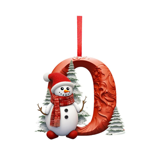 Ornement de Noël 2D pour sapin 8 x 7 cm Lettre O en acrylique avec bonhomme de neige Décoration rouge avec ruban Décoration de Noël suspendue