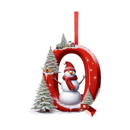Ornement de Noël en acrylique 8 x 7 cm Lettre Q avec motif de bonhomme de neige Pendentif 2D pour arbre de Noël avec ruban rouge Décoration de Noël