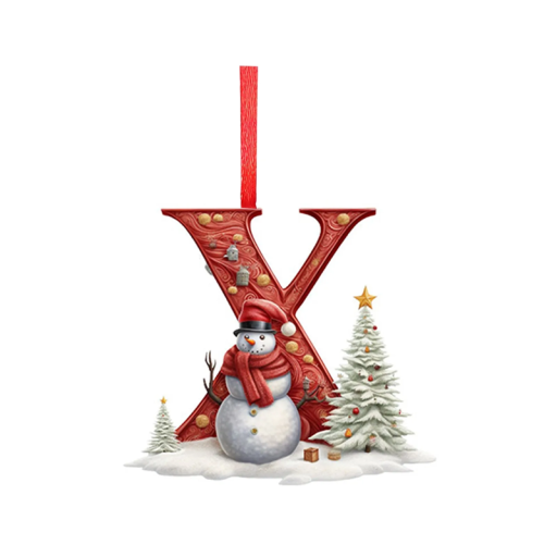 Ornement de Noël en acrylique 8 x 7 cm Lettre X rouge avec bonhomme de neige Décoration 2D avec ruban Ornement suspendu pour sapin de Noël