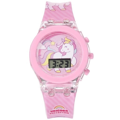Orologi digitali per bambini con retroilluminazione LED Unicorno + braccialetto arcobaleno Orologi in plastica rosa Set luminoso per bambini Regalo