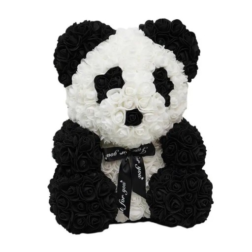 Oso panda con cinta de rosas artificiales Decoración hecha a mano Regalo de San Valentín Elegante figura de flor Lujosa decoración interior 25 cm