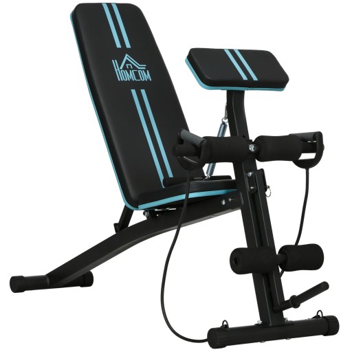 Összecsukható erősítő pad 7 fokozatú háttámla és bicepsz támasz Méretek 160 x 54 x 106 cm Acél Teherbírás 120 kg Fekete-türkiz Otthoni edzéshez
