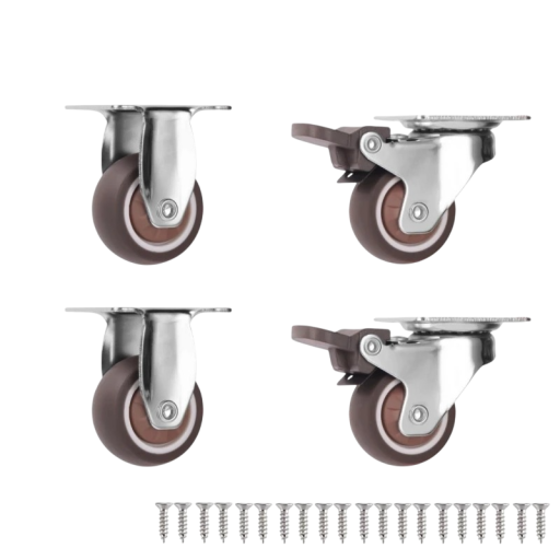 Otočná nábytková kolečka 16,5 mm, 2× s brzdou a 2× bez brzdy, montážní deska 44×35,6 mm, hnědá, nosnost 66 kg, pro skříňky