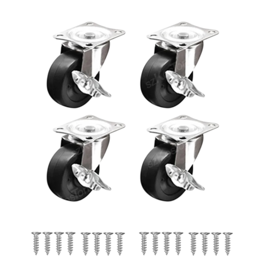 Otočná nábytková kolečka 16,5 mm, montážní deska 44×35,6 mm, černá, s brzdou, nosnost 66 kg, pro skříňky a vozíky