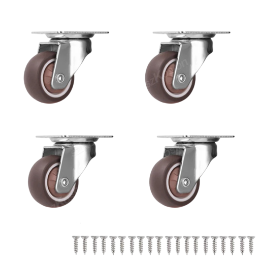 Otočná nábytková kolečka 37,5×31 mm, šířka kola 13 mm, montážní otvory 3 mm, hnědé kolo, nosnost 33 kg pro nábytek a boxy