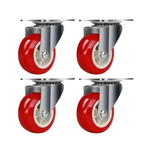 Otočná nábytková kolečka 38×17 mm s horní deskou 45×35 mm, výška 5 cm, červené kolečko pro skříňky, vozíky a regály