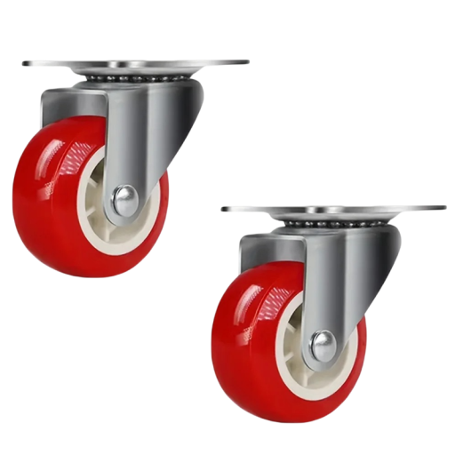 Otočná nábytková kolečka 38×17 mm s ložiskem, výška 5 cm, horní deska 45×35 mm, červené kolo, pro lehký nábytek a vozíky