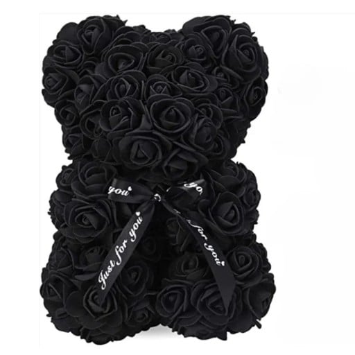 Ourson en roses artificielles avec un ruban noir Figurine florale faite à la main Cadeau de Saint-Valentin 25 cm