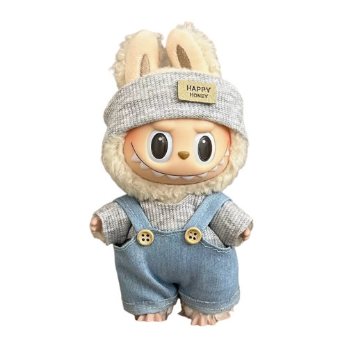 Outfit für Labubu Figur Graues Stirnband grauer Pullover und Jeans-Overalls Stilvolles Kostüm für Puppen Zubehör für 15-17 cm Sammlerfiguren