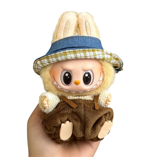 Outfit für Labubu Figur Mütze weißer Pullover und braune Latzhose Stilvolles Kostüm für Puppen Sammlerkleidung Kleidung für 15-17 cm Labubu