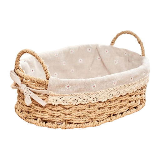 Oval Woven Storage Basket 30 x 21 x 10 cm with Linen Lining Decorative Basket for Bathroom or Living Room