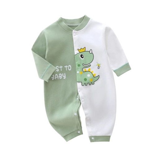 Overal blanco y verde para recién nacidos 2023 Body de algodón de manga larga con estampado de dinosaurio Escote en V Cierre con botones a presión Overal blanco y verde para recién nacidos 2023 Body de algodón de manga larga con estampado de dinosaurio Escote en V Cierre con botones a presión
