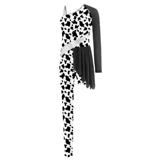 Overal de baile para niña con estampado de vaca y manga asimétrica, jumpsuit en blanco y negro de nylon y elastano para jazz, danza de espectáculo y carnaval