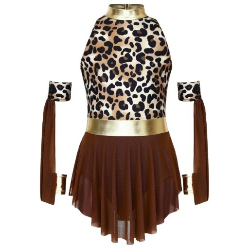 Overal de baile para niñas con estampado de leopardo y falda de tul, jumpsuit marrón de nylon y elastano con cinturón dorado para jazz y danza moderna