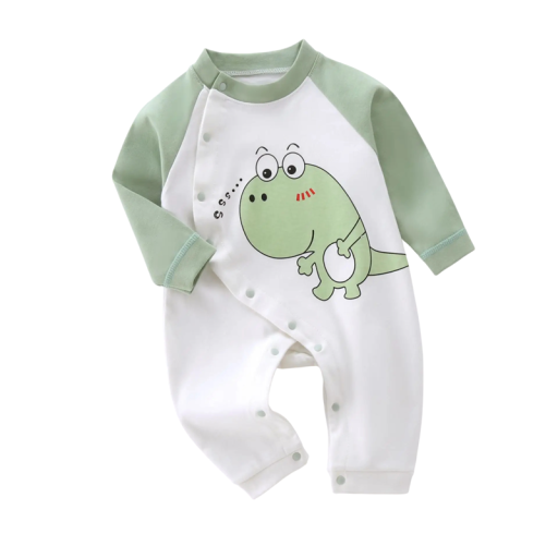 Overal verde para bebés recién nacidos 2023 Body de algodón de manga larga con estampado de dinosaurio Escote en V Cierre a presión Overal verde para bebés recién nacidos 2023 Body de algodón de manga larga con estampado de dinosaurio Escote en V Cierre a presión
