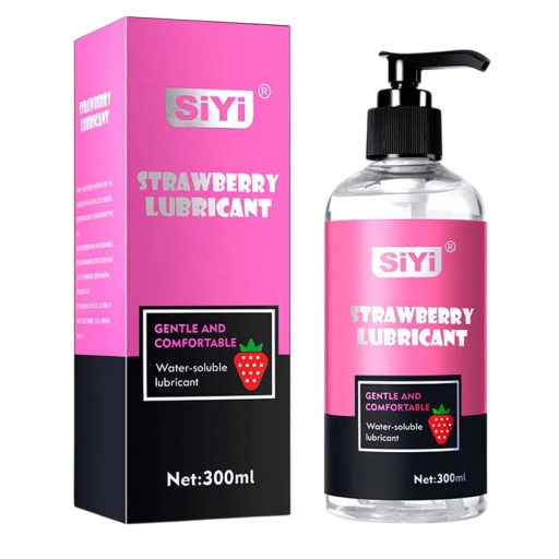 Ovocně vonící intimní gel s jahodovou příchutí 300 ml Zásobní lahev s pumpičkou Ve vodě rozpustná směs bez oleje Pro dvojice i jednotlivce