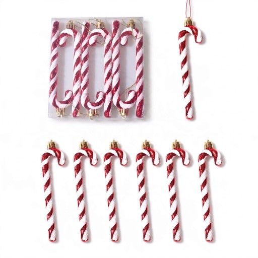 Ozdobas de Natal Canas de Açúcar 6 pcs Com tampa dourada e laço Altura 14 cm Padrão torcido brilhante Cor vermelho e branco Para a árvore de Natal