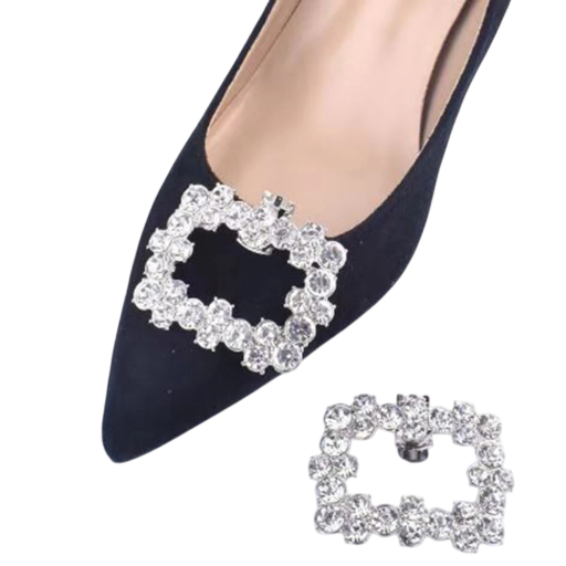 Ozdobná spona na lodičky čtvercový rám s kamínky 6 cm kov stříbrná klip na boty doplněk pro elegantní obuv a úpravu vzhledu