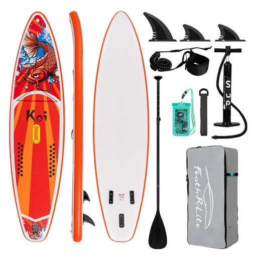 Paddleboard Feath-R-Lite Koi tabla SUP inflable 335 y 350 cm Capacidad de hasta 180 kg Con paquete de remo 3 aletas bomba y mochila Para lagos y ríos