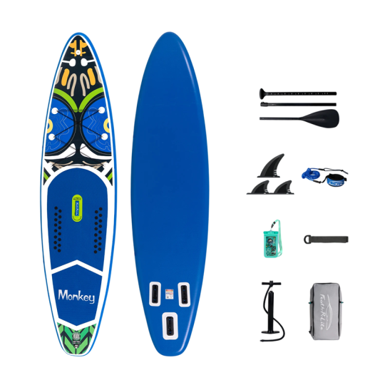 Paddleboard Feath-R-Lite Monkey nafukujące SUP prkno 350 x 84 x 15 cm Nośność 180 kg Niebieski Zestaw z wiosłem 3 finami pompką i plecakiem