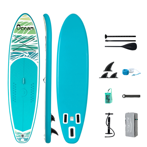 Paddleboard Feath-R-Lite Ocean tabla SUP inflable 335 x 83 x 15 cm Capacidad 165 kg Turquesa Conjunto con remo 3 aletas bomba y mochila