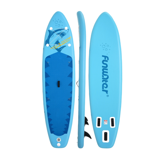 Paddleboard Funwater SUPFW58B Inflable 335x84x15 cm Capacidad 165 kg PVC con Remo Bomba Mochila Aletas Correa Azul con Tiburón