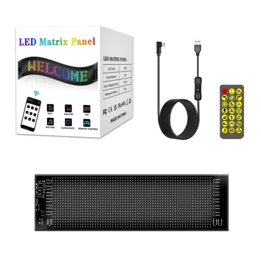 Painel LED matriz 20 x 64 píxeis 10 x 35 cm USB 450 cm com interruptor Controlo remoto Aplicação móvel Ecrã publicitário