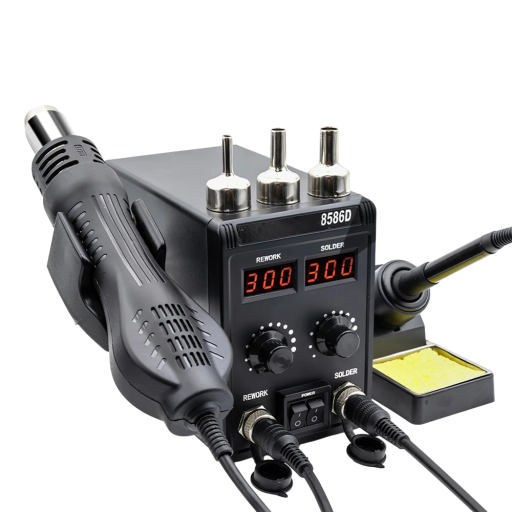 Pájecí stanice 8586D 2v1 horkovzdušná pistole a pájka 100-480 °C 750 W 120 L/min 220 V se dvěma displeji černá na pájení elektroniky