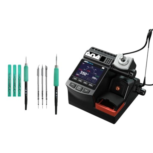 Pájecia stanica 15 x 14,5 x 14,5 cm 180 W so 2 rukoväťami T210 a T245 a 6 hrotmi s farebným displejom v čiernej farbe pre elektroniku