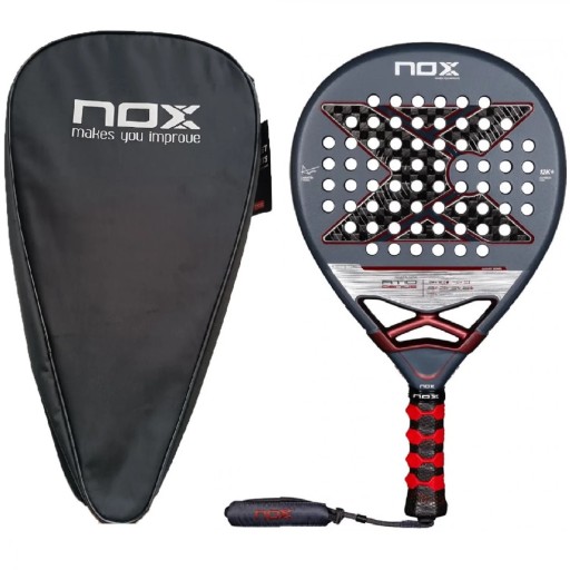 Pala de Padel NOX AT10 Genius 12K carbono 12K superficie marco de carbono funda protectora Gris y rojo Agustín Tapia para jugadores avanzados luxury series