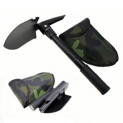 Pala y azada plegables multifuncionales para acampar, 41,5 cm, plegadas, 12 x 12,5 cm, con estuche, herramienta de supervivencia portátil