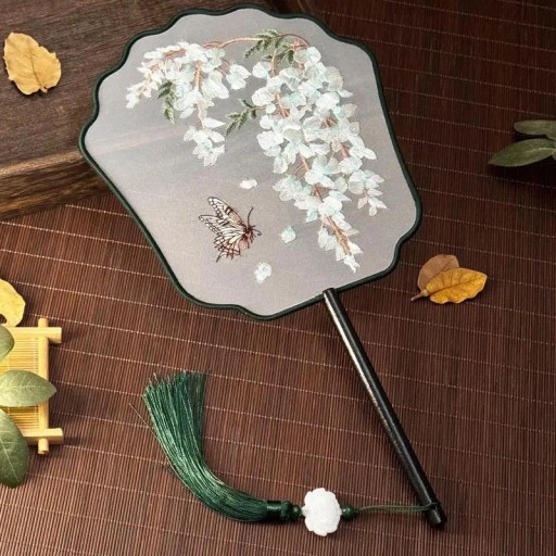 Palace Fan Handheld Fan with Double-Sided Embroidery and Shaped Edge 35 x 21 x 2 cm White Wisteria Design with Tassels Accessory for Hanfu and Decoration