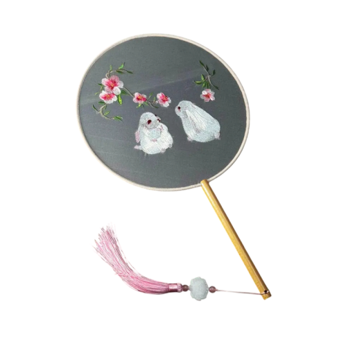 Palace Fan Round Hand Fan with Double-Sided Embroidery 35 x 21 x 2 cm Bunny and Flower Design with Tassels Accessory for Hanfu and Children's Decoration