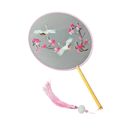 Palace Fan Round Hand Fan with Double-Sided Embroidery 35 x 21 x 2 cm Crane and Plum Blossom Design with Tassels Accessory for Hanfu and Decoration