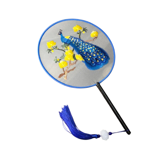 Palace Fan Round Hand Fan with Double-Sided Embroidery 35 x 21 x 2 cm Peacock Design with Yellow Flowers with Tassels Accessory for Hanfu and Decoration