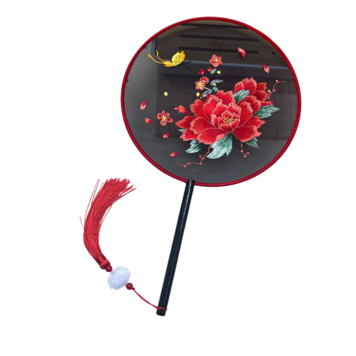 Palace Fan Round Hand Fan with Double-Sided Embroidery 35 x 21 x 2 cm Red Peony Design with Tassels Wedding Gift and Hanfu Decoration