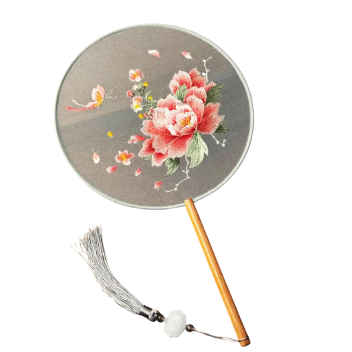Palace Fan Round Handheld Fan with Double-Sided Embroidery 35 x 21 x 2 cm Pink Peony Design with Tassels Accessory for Hanfu and Interior Decoration