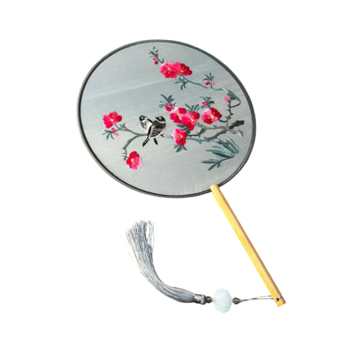 Palacowy wachlarz Okrągły ręczny wachlarz z dwustronnym haftem 35 x 21 x 2 cm Motyw kwiatów śliwy z ptakiem Z frędzlami Dodatek do hanfu i dekoracja