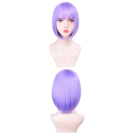 Pălăria bob sintetică scurtă de culoare violet deschis 30 cm, perucă cosplay din fibră rezistentă la temperaturi ridicate pentru femei, purtare zilnică, costum pentru petrecerea de Halloween