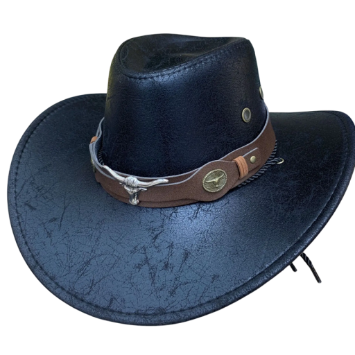 Pălărie de cowboy 56–58 cm cu boruri largi și curea decorativă din piele artificială Accesoriu western stilat cu șnur sub bărbie