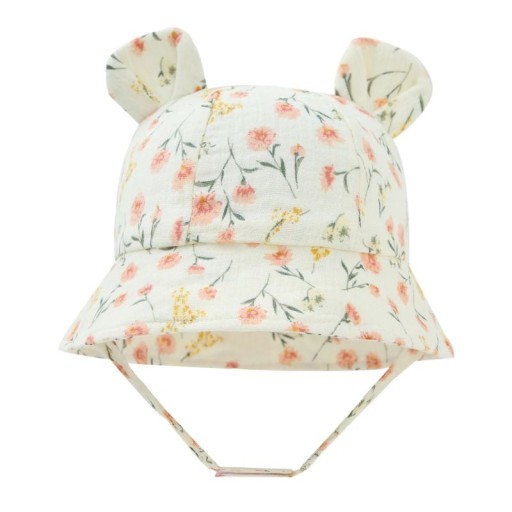 Pălărie din bumbac pentru copii cu urechi crem pastel cu flori și sistem de prindere Circumferința capului 35–39 cm Vizor 27 cm Adâncime 11 cm 3–12