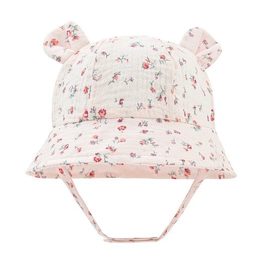 Pălărie din bumbac pentru copii cu urechi, flori roz, roz cu legare, Circumferința capului 35–39 cm, Vârful 27 cm, Adâncimea 11 cm, 3–12 luni