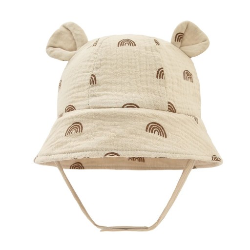 Pălărie din bumbac pentru copii cu urechi, model curcubeu, bej, cu șnur de legare, circumferința capului 35–39 cm, vizor 27 cm, adâncime 11 cm, pălărie pentru 3–12 luni
