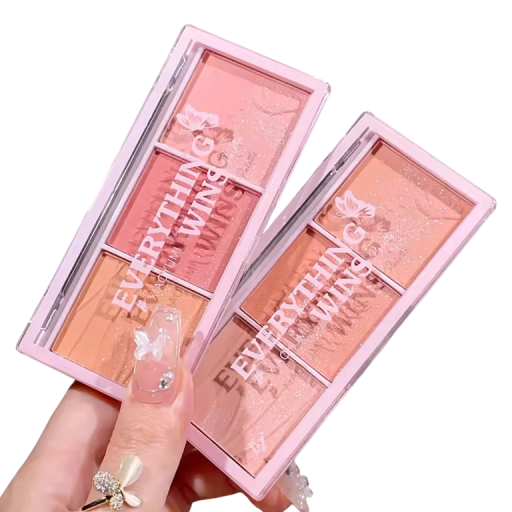 Paleta de Colorete Brillante de Tres Colores 3 Tonos Colorete Iluminador de Larga Duración Sombras de Ojos y Iluminador Maquillaje Multifuncional