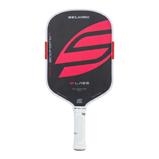 Pálka na pickleball protiahnutá Tloušťka 16 mm Vysoká kontrola rotácie Tmavá s červeným motívom a bielym okrajom Na tréning aj turnaje